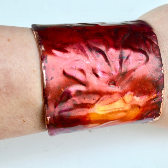 Pink Purple Patina Lily Copper Wide Cuff Bracelet - Picture 7 of 8